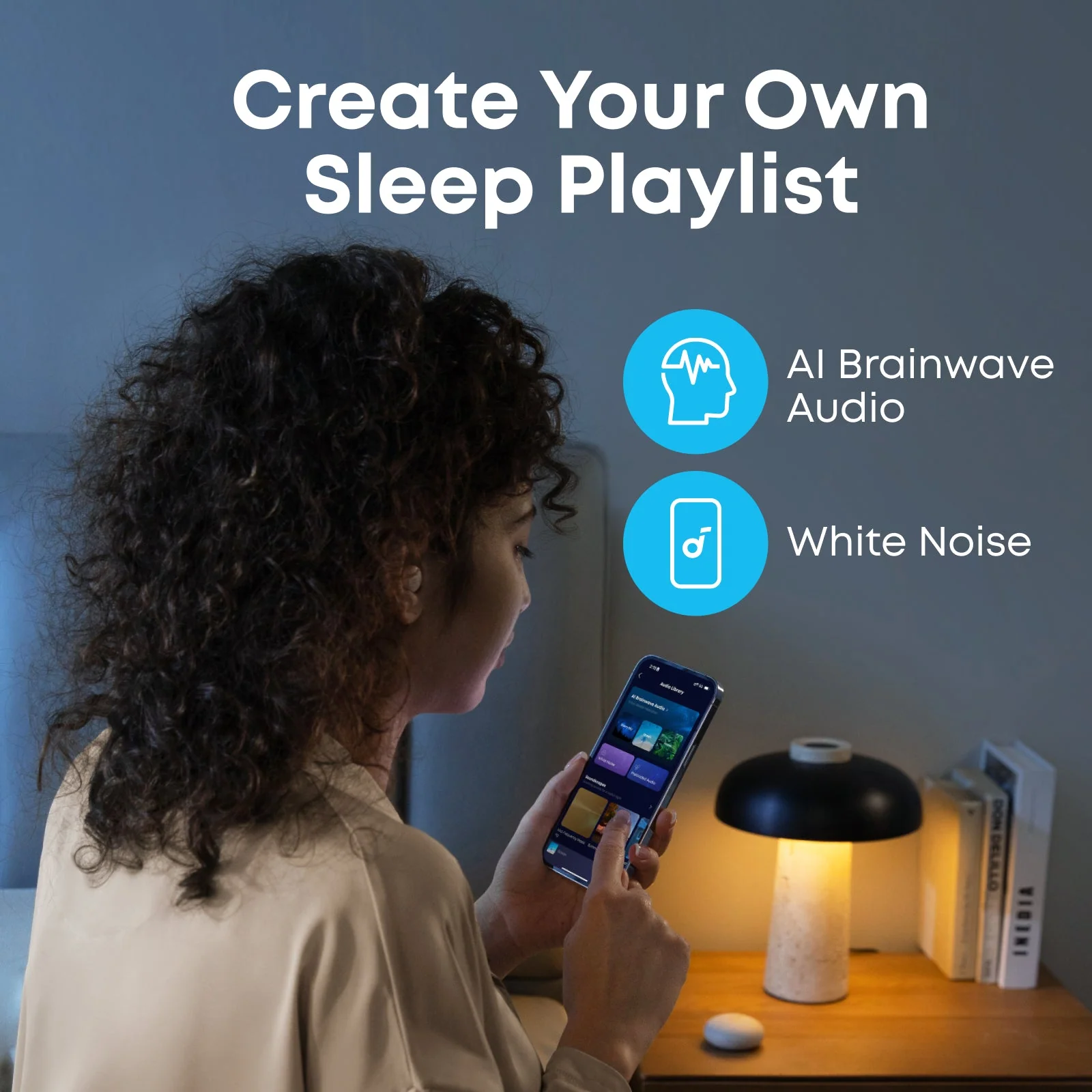 Creating sleep playlist with AI brainwave audio and white noise in soundcore app