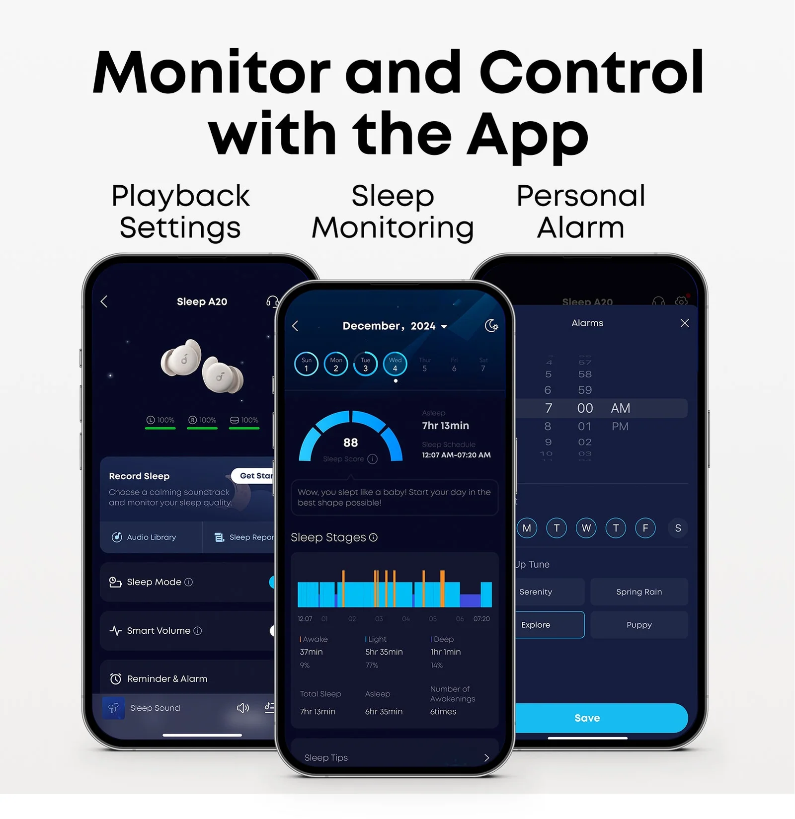 Monitor and control with soundcore app: playback settings, sleep monitoring, personal alarm